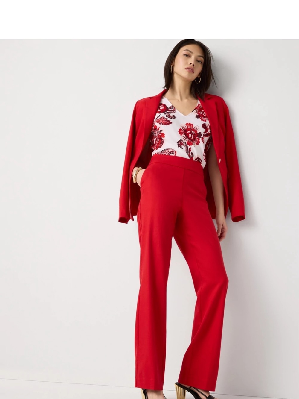 White House Black Market Red High-Rise Wide-Leg Trousers